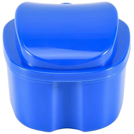 Étui à prothèse dentaire bleu foncé, gobelet avec passoire, avec porte-récipient en filet --- (1/5)