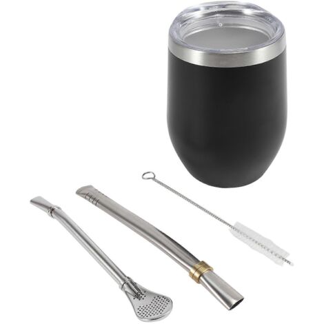 Service à thé Yerba Mate en calebasse 35 cl, tasse à café/eau en acier inoxydable, noir-- (1/5)