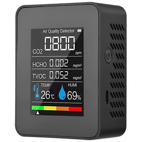 Moniteur de qualité de l'air 5 en 1, détecteur de CO2 rechargeable par USB, noir (1/5)