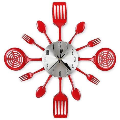 Horloge murale de cuisine de 40 cm (16 pouces) avec cuillères et fourchettes (rouge) (1/5)