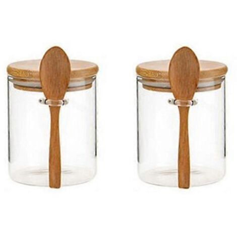 Lot de 2 pots avec couvercle en bambou et cuillère pour le rangement de la cuisine --- (1/5)
