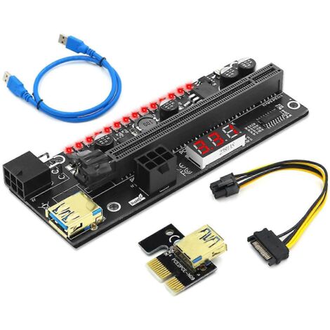 Adaptateur PCI-E 1X vers 16X pour carte graphique et câble d'alimentation SATA vers 6 broches avec LED clignotante, noir (1/5)