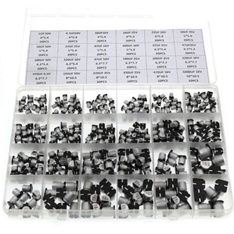 400 condensateurs électrolytiques en aluminium CMS 1 µF à 1 000 µF, 6,3 V à 50 V, 24 valeurs (1/5)