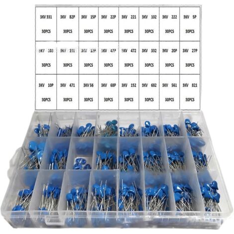 Kit d'assortiment de 720 condensateurs céramiques 3 kV, 5 pF à 821 pF, 24 valeurs, haute tension (1/5)