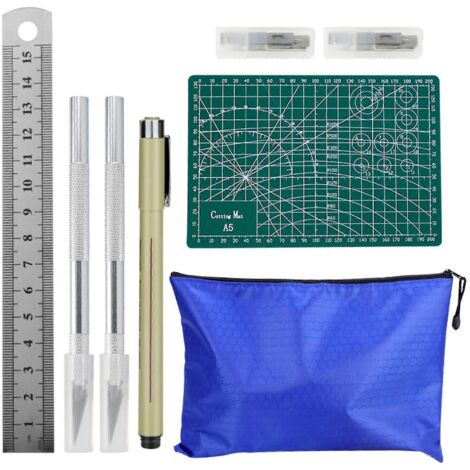 Ensemble de 8 couteaux de précision avec tapis de découpe auto-cicatrisant et 1 règle en acier inoxydable. (1/5)