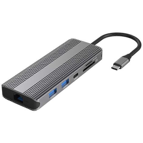 Hub USB Type-C 10 en 1 en aluminium : HDMI 2.1, HDMI 2.0, alimentation 100 W, LAN 1000 Mbit/s, lecteur de cartes SD/TF, entrée auxiliaire 3,5 mm. (1/5)
