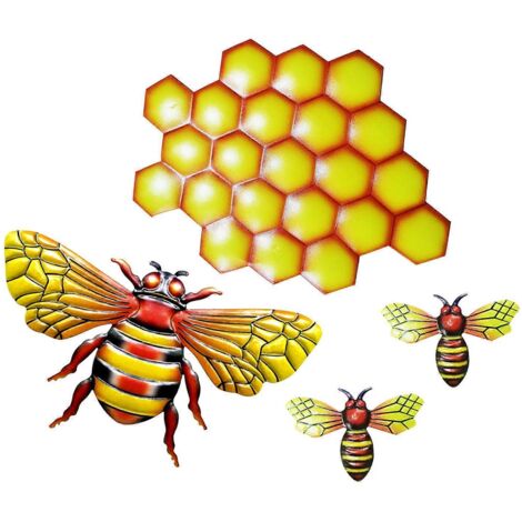 Ensemble de 4 ornements décoratifs en fer forgé en forme d'abeilles et de nid d'abeilles, pour la décoration murale extérieure de la maison et du jardin. Idée cadeau originale. (1/5)