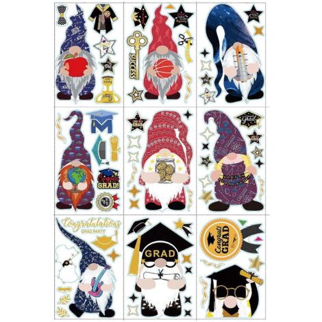 Lot de 9 autocollants muraux gnomes sans visage pour la fête de remise de diplômes, pour poupées, décorations de maison, félicitations, fête de fin d'études, anniversaire (1/5)