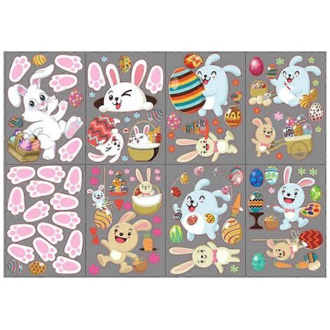 Lot de 8 décorations de Pâques : œufs de lapin, stickers muraux, affiches pour fenêtre, autocollants statiques pour vitres, décoration intérieure (1/5)