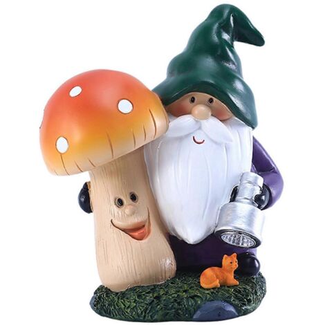 Statue de nain de jardin, nain de jardin d'extérieur tenant un champignon, sculpture décorative avec lumière solaire intégrée pour patio, pelouse et jardin. (1/5)