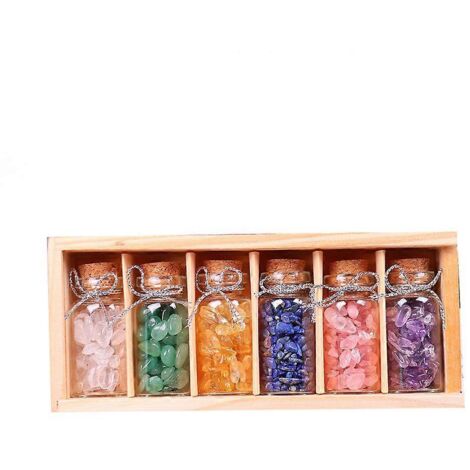Coffret de 6 flacons de pierres précieuses, cristaux de guérison, éclats de pierres roulées, kit de fournitures pour le Reiki, la Wicca et la sorcellerie, avec boîte en bois. (1/5)