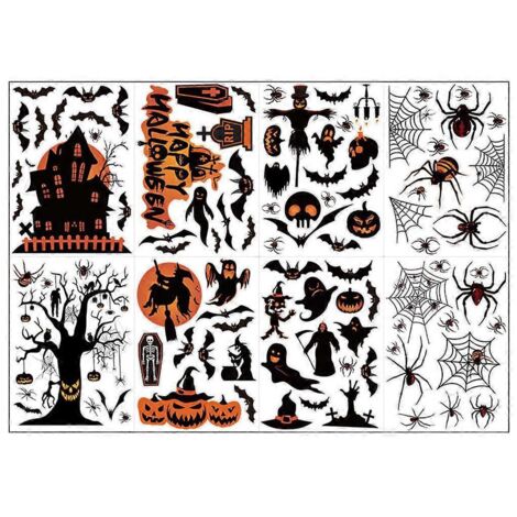 Lot de 8 feuilles d'autocollants pour fenêtres, murs et portes sur le thème d'Halloween : araignées, chauves-souris, citrouilles et sorcières. Décoration horrifique pour une fête d'horreur. (1/5)