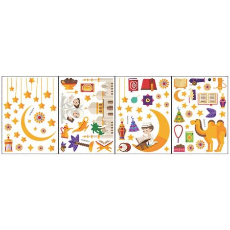 Stickers muraux Eid Mubarak (4 feuilles) : Lune, Étoile, Château, Chameau, Décoration de fenêtre pour la fête islamique du Ramadan (salon) (1/5)