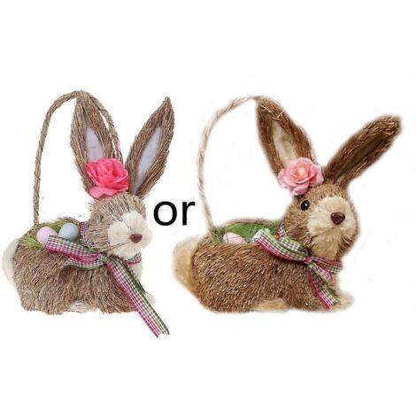Figurines de lapins de Pâques en coquille d'œuf artificielle en paille, décorations de bureau tissées à la main, artisanat, décorations de fête de jardin (1/5)