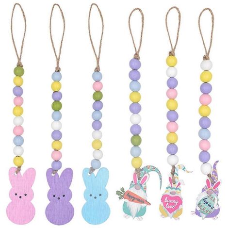 Lot de 6 décorations de Pâques pour la maison : pendentif lapin en bois à suspendre, à poser sur une poignée de porte de placard ou un vase. (1/5)