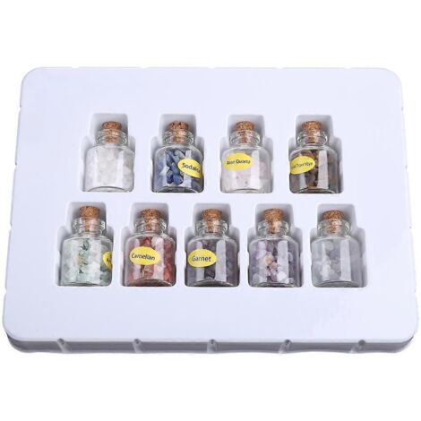 Ensemble de 9 mini flacons de pierres précieuses, éclats de cristal, pierres roulées pour la guérison, Reiki et Wicca (1/5)