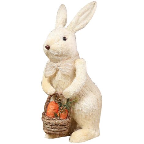 Décoration de Pâques : lapin en paille avec nœud papillon et panier de carottes, figurine de lapin artificielle mignonne faite main, pour poupée, décoration de bureau ou de fête. (1/5)