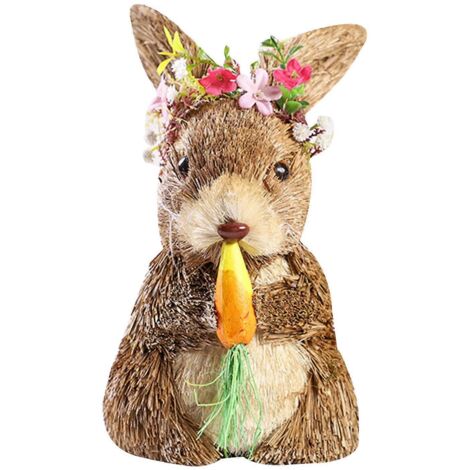 Décoration de Pâques : Lapin assis réaliste, mignon petit lapin en paille pour poupée avec carotte. (1/5)