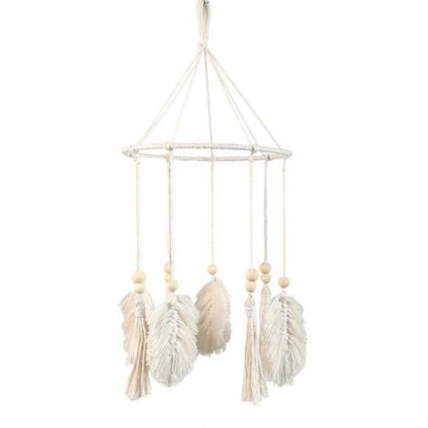 Carillon éolien à pompons en feuilles tressées style bohème nordique, macramé, anneau métallique, décoration murale (1/5)