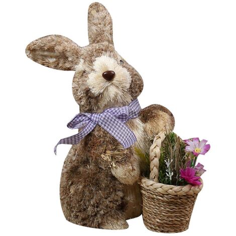 Lapin artificiel en paille avec bouquet de fleurs, décoration de Pâques, lapin debout pour D (1/5)