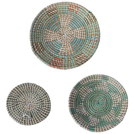 Lot de 3 paniers muraux décoratifs bohèmes tressés, faits main, ronds, en jonc de mer, à suspendre, pour fruits et desserts, pour salon, chambre ou cuisine. (1/5)