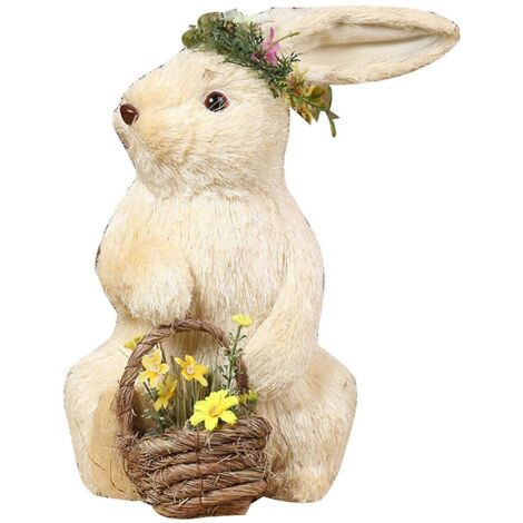 Lapin blanc paille créatif avec couronne et panier de fleurs, décoration de Pâques, figurines de lapin mignonnes faites à la main, debout pour poupée (1/5)
