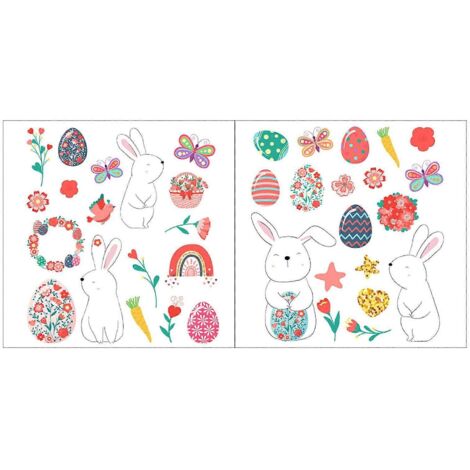 Lot de 2 décorations de Pâques à coller sur une fenêtre : fleurs, lapin et œufs. Autocollants statiques pour vitres et murs. Décoration intérieure. (1/5)