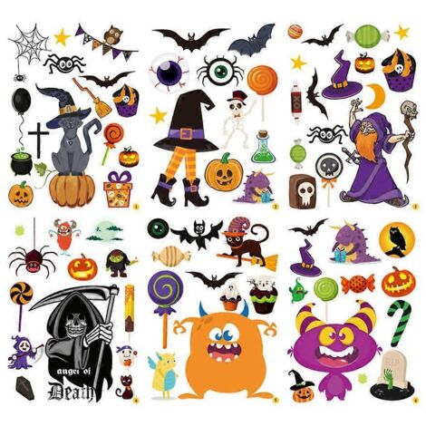 Lot de 6 autocollants muraux amovibles « Joyeux Halloween » : sorcières, chauves-souris et araignées, pour la décoration intérieure et extérieure de votre maison ou de votre fenêtre. (1/5)