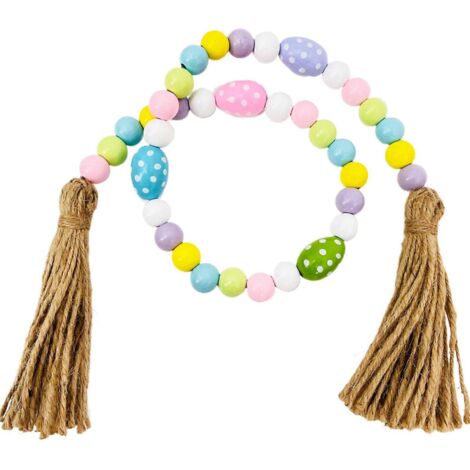 Guirlande de perles en bois printanières avec pompons, perles en forme d'œuf de Pâques, décoration rustique de style ferme (1/5)