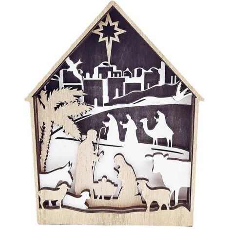 Crèche de Noël sculptée avec l'Enfant Jésus et des moutons, maison en bois, décoration religieuse chrétienne, cadeau catholique pour Pâques (1/5)