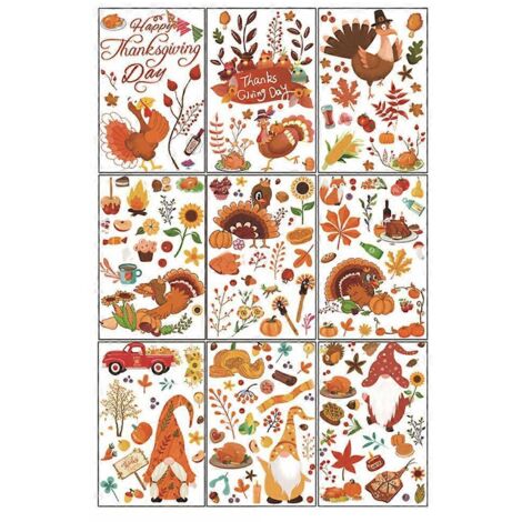 Lot de 9 autocollants muraux Thanksgiving : citrouille, dinde, gnome, feuille d'érable, maïs, éléments de la fête des récoltes, nain sans visage (1/5)