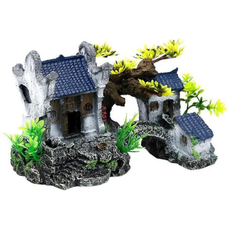 Maison en résine pour aquarium avec cachettes pour betta, décorée d'arbres et d'herbes réalistes. (1/5)