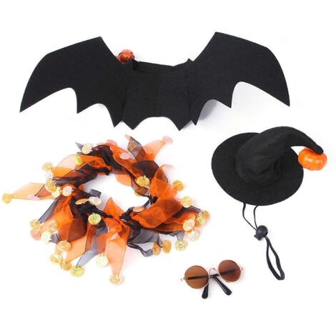 Ensemble de déguisement pour petit chien : chapeau d'Halloween, ailes de chauve-souris, lunettes et joli collier. (1/5)