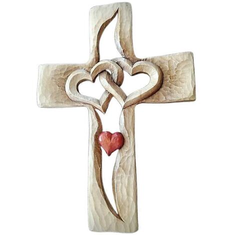Croix de table en bois sculpté avec cœurs entrelacés, décoration religieuse pour la maison, crucifix (1/5)