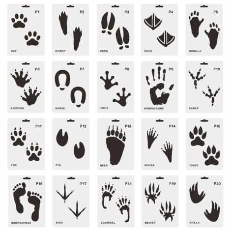 Lot de 20 pochoirs d'empreintes d'animaux réutilisables pour loisirs créatifs.