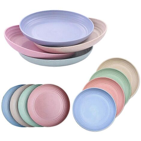 Ensemble de 12 assiettes en paille de blé multicolores, de 3 tailles différentes, incassables et légères, compatibles micro-ondes, idéales pour salades, pâtes, steaks et fruits. (1/5)