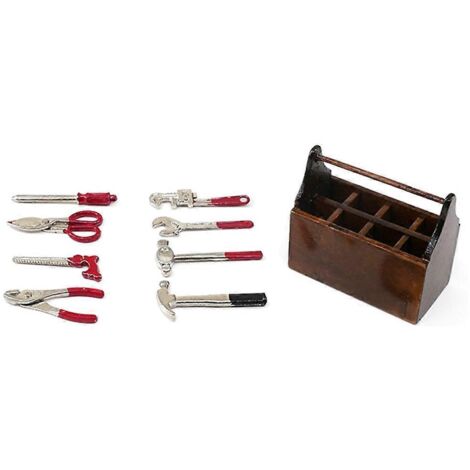 Boîte à outils miniature en bois pour maison de poupée avec ensemble d'outils en métal (1/5)
