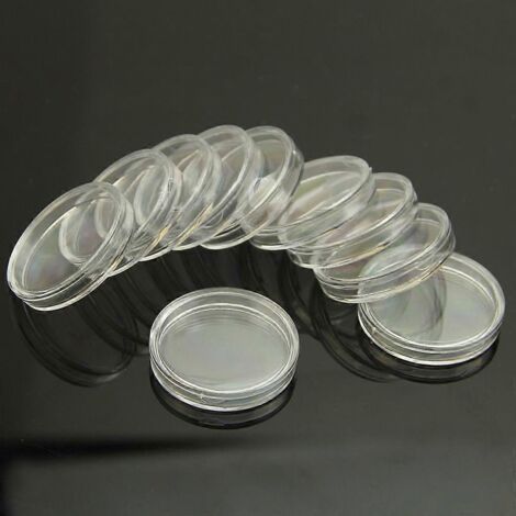 Étuis ronds transparents de 38 mm (10 pièces) pour ranger des pièces de monnaie. Capsules en plastique pratiques et neuves. (1/4)