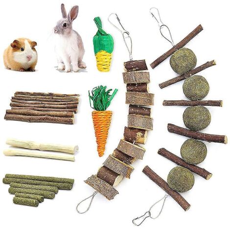 Lot de 7 jouets à mâcher pour lapins, à suspendre pour ronger du foin, des brindilles de pommier et des boules d'herbe. (1/5)