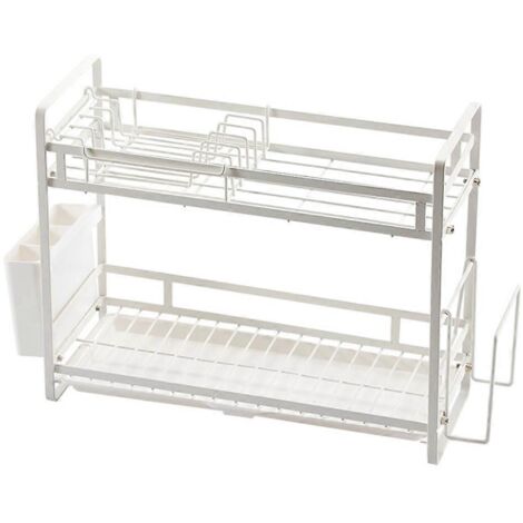 Égouttoir à vaisselle à 2 niveaux en métal avec porte-ustensiles et porte-planche à découper pour le plan de travail de la cuisine - Organisateur de rangement pour bols et assiettes (1/5)