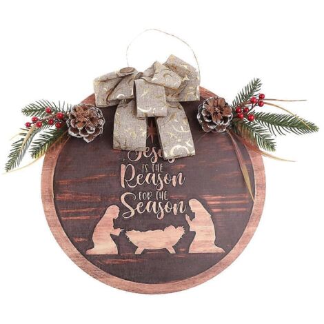 Crèche de Noël en bois avec nœud et pommes de pin, décoration rustique à suspendre pour porte d'entrée, fenêtre ou mur. (1/5)