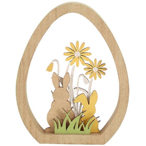 Décoration de Pâques en bois avec lapin, cadre en forme d'œuf et fleurs en herbe (1/5)