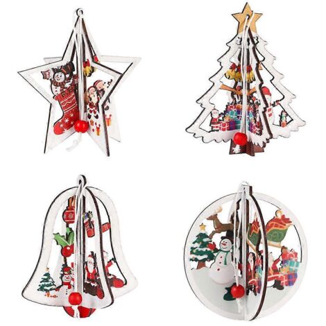 Lot de 4 décorations de Noël 3D en bois à suspendre, en forme de cloche et d'étoile, pour sapin. (1/5)