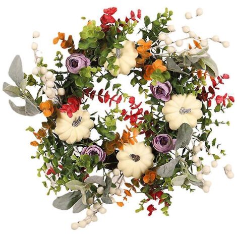 Couronne de citrouilles blanches artificielles, guirlande décorative pour Noël, Halloween, l'automne et Thanksgiving, style champêtre, à suspendre au mur ou à accrocher à une fenêtre. (1/5)