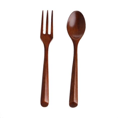 Ensemble de couverts en bois (cuillère et fourchette) pour salade, cuisine et salle à manger (1/5)