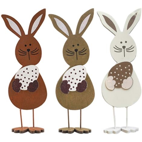 Décoration de Pâques en bois (lot de 3) : œufs et lapins mignons, artisanat en bois pour bureau (1/5)