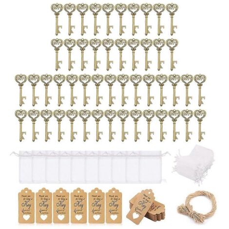 50 sachets cadeaux de mariage comprenant un ouvre-bouteille en forme de clé vintage et une étiquette de remerciement. (1/5)