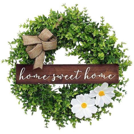 Couronne de feuilles d'eucalyptus artificielles avec panneau en bois « Sweet Home » et nœud papillon, guirlande à suspendre pour une décoration rustique de porte d'entrée ou de porche pour Noël. (1/5)