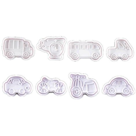 8 moules à pâtisserie en plastique à motifs de vélo et de voiture, emporte-pièces pour biscuits et gâteaux, avec piston pour décoration 3D (1/5)