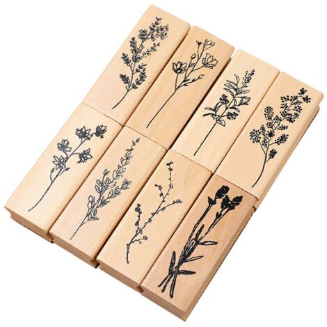 Lot de 8 tampons en bois et caoutchouc, motif plantes rétro, pour loisirs créatifs. (1/5)